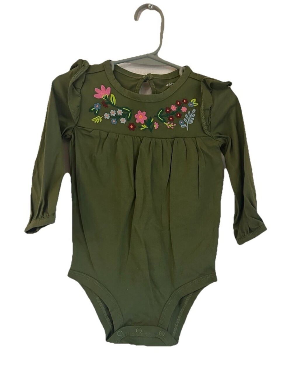 Carters Baby Girls One Piece Romper Olive Green Embroidered Flowers 18 M NEW NWT